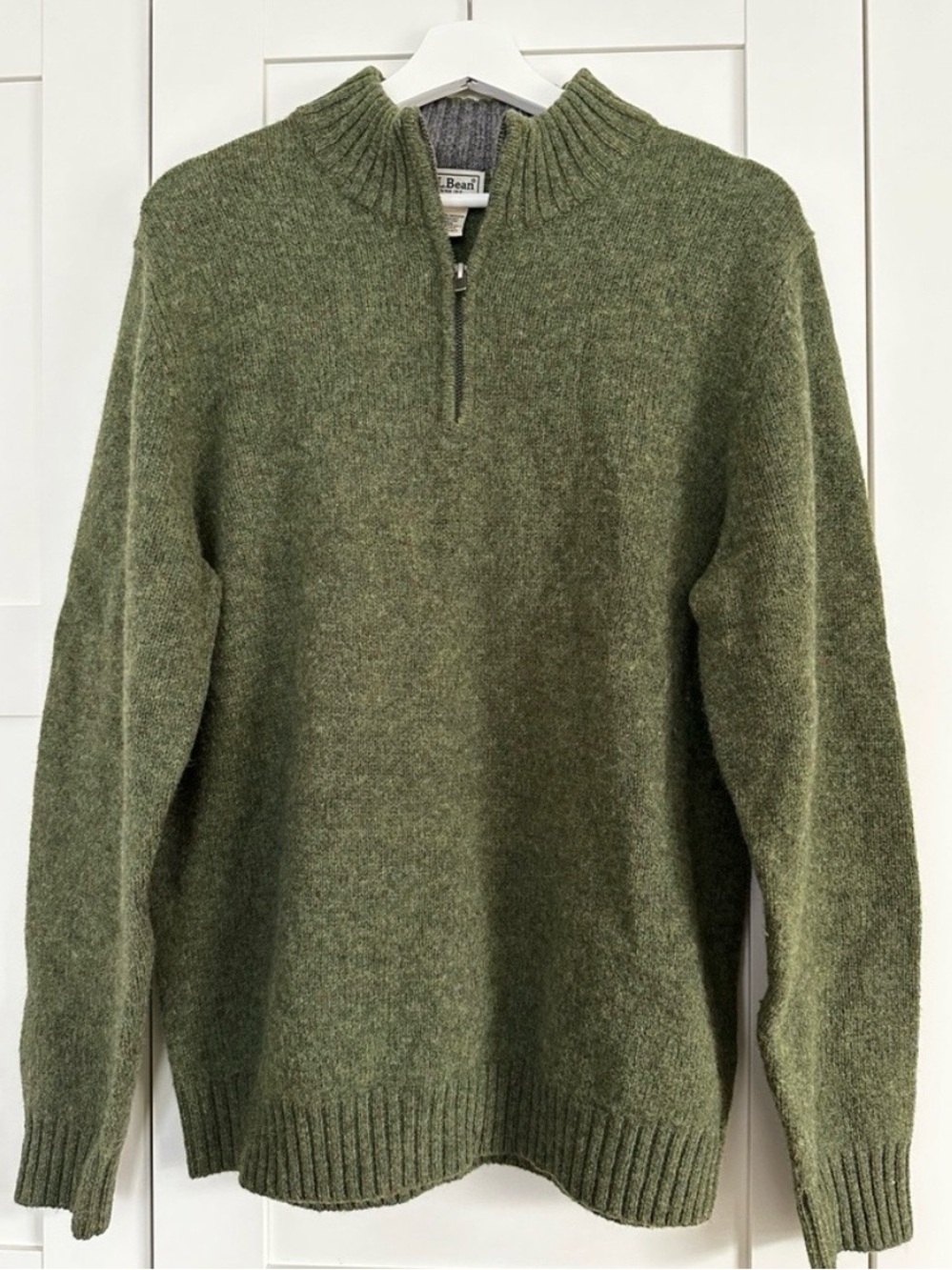 L.L. Bean Men's Olive Green Quarter Zip 100% Wool Sweater